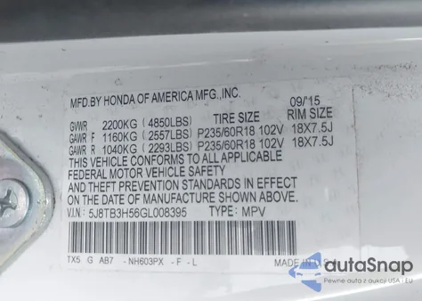 2016 Acura Rdx Technology Acurawatch Plus Packages/Technology Package from USA, damaged, VIN 5J8TB3H56GL008395